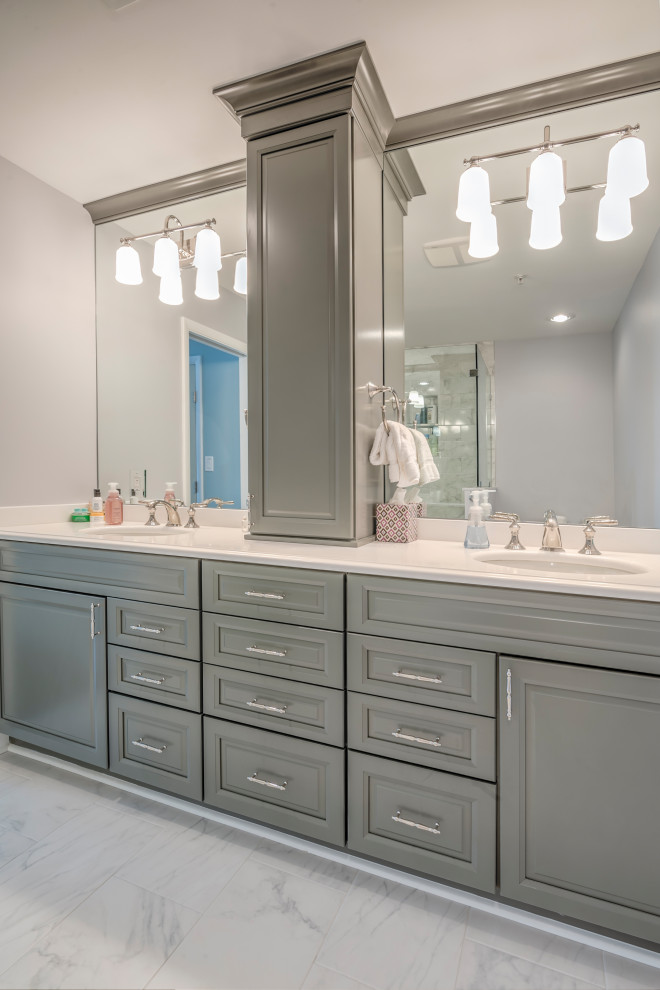 Design ideas for a large beach style master bathroom in Other with raised-panel cabinets, grey cabinets, marble floors, an undermount sink, white floor, white benchtops and granite benchtops.