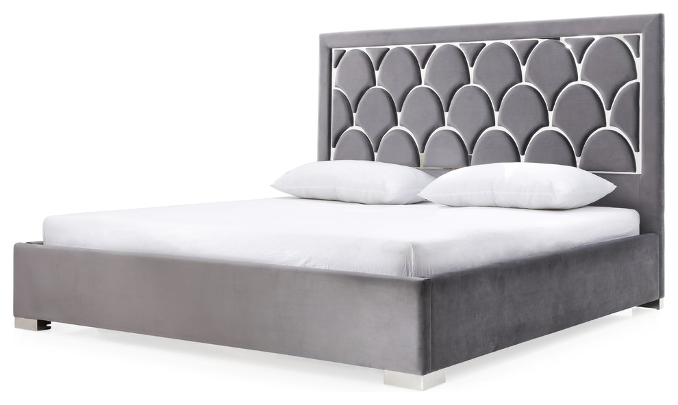 Modrest Audrey Modern Gray Velvet and Stainless Steel Bed, Eastern King