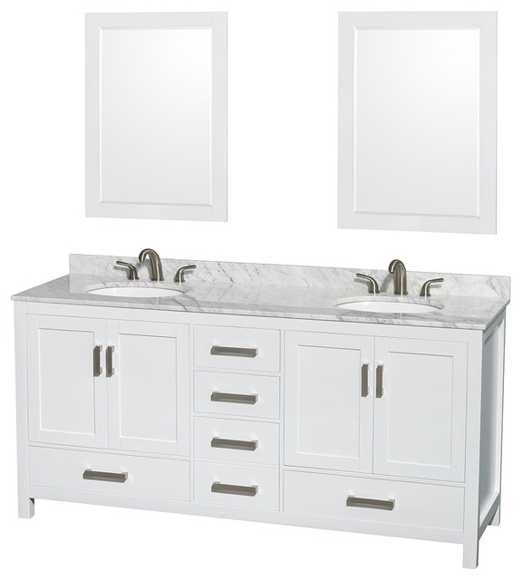 Sheffield 72" White Double Vanity, Carrera Marble Top and Undermount Oval Sink