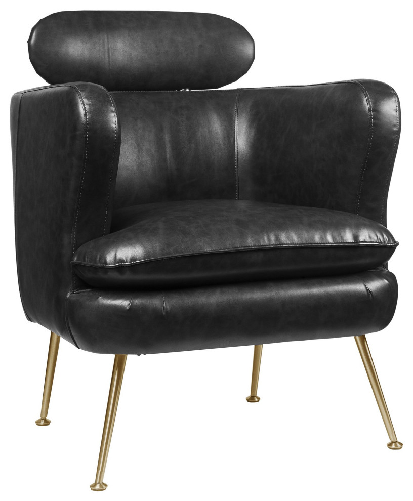 Unique Accent Chair, Gold Legs, Curved PU Leather Seat With Headrest