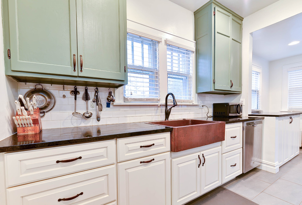 Mid-sized country galley separate kitchen with a farmhouse sink, beaded inset cabinets, white cabinets, quartz benchtops, cement tile splashback, stainless steel appliances, ceramic floors and no island.