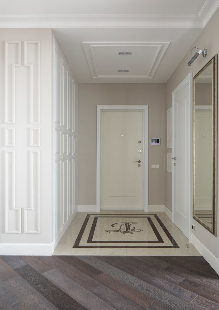 This is an example of a transitional front door in Moscow with grey walls, a single front door and a white front door.