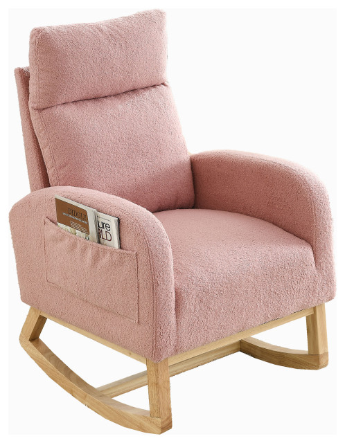 Gewnee Accent High Backrest Living Room Lounge Arm Rocking Chair, Pink Teddy
