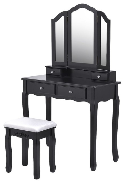 Compact Style Tri Folding Mirror Vanity Table Stool Set With 4 Drawers Black