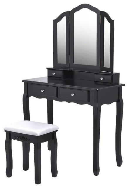 Compact Style Tri Folding Mirror Vanity, Black Vanity Table With Drawers