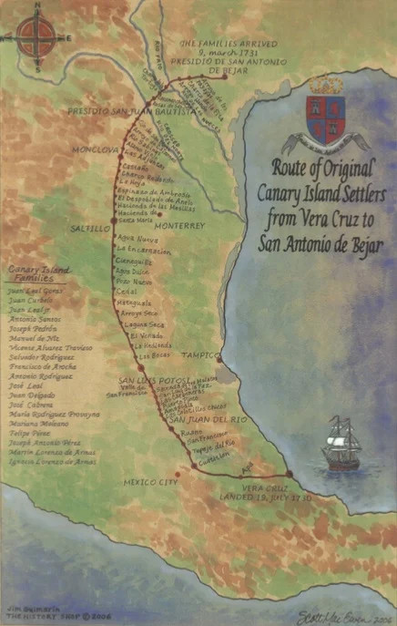 Map of Canary Islanders from Vera Cruz to Texas