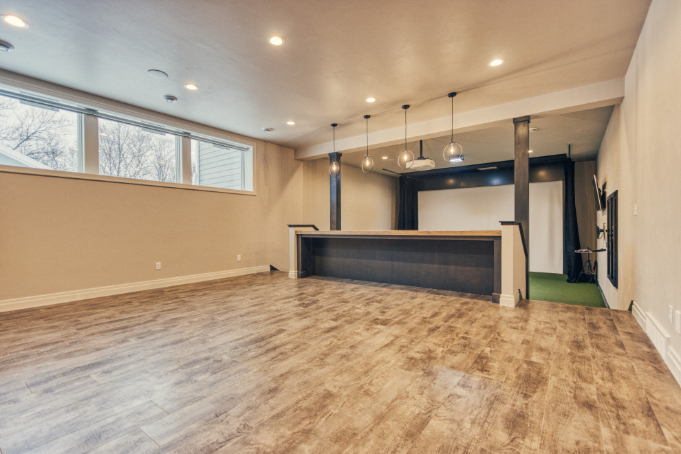 Large transitional look-out vinyl floor and multicolored floor basement photo with gray walls