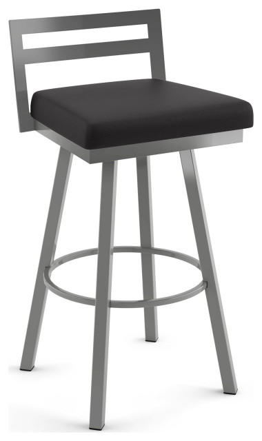 Amisco Derek Swivel Counter and Bar Stool, Charcoal Black Faux Leather / Metallic Grey Metal, Counter Height
