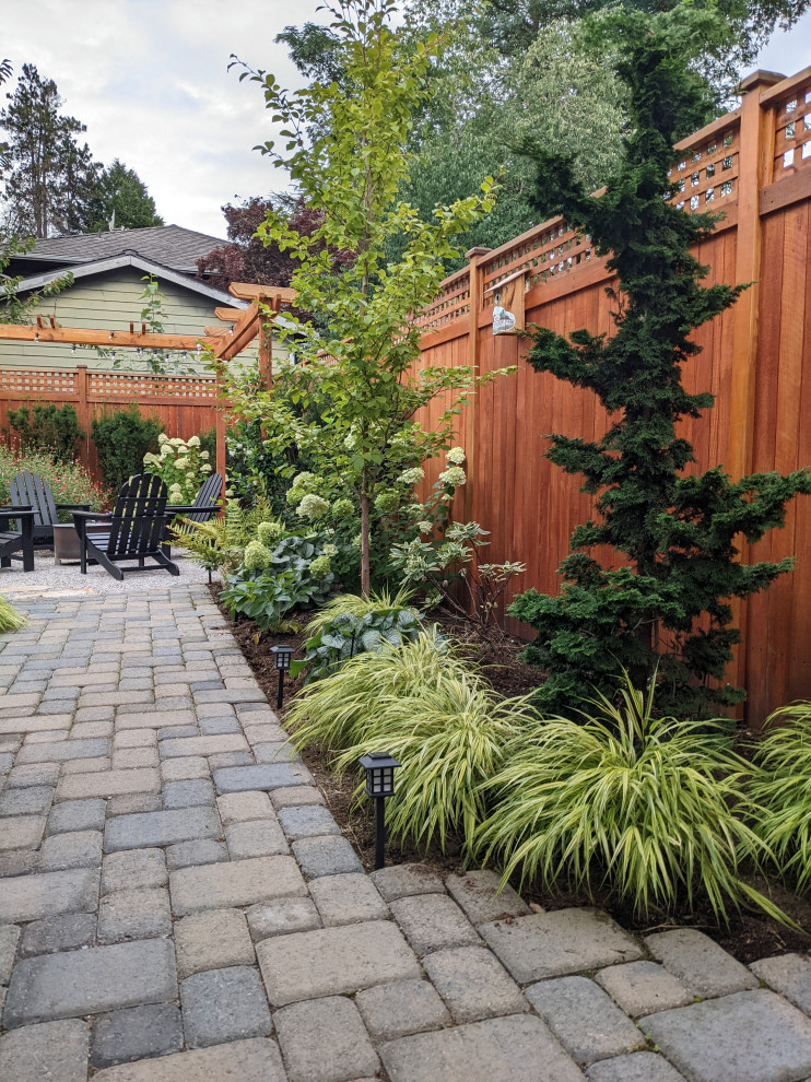 Immagine di un piccolo giardino american style in ombra dietro casa in autunno con un ingresso o sentiero, pavimentazioni in cemento e recinzione in legno