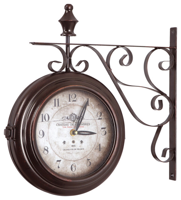 16" Double Sided Iron Wall Clock, Black Iron Frame Mediterranean