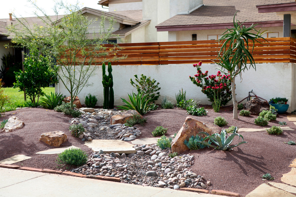 Inspiration for a mid-sized and desert look front yard full sun garden in San Diego with gravel.