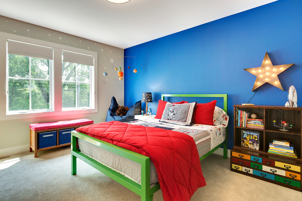 Childrens' room - bedroom transitional boy carpeted childrens' room idea in Minneapolis with blue walls