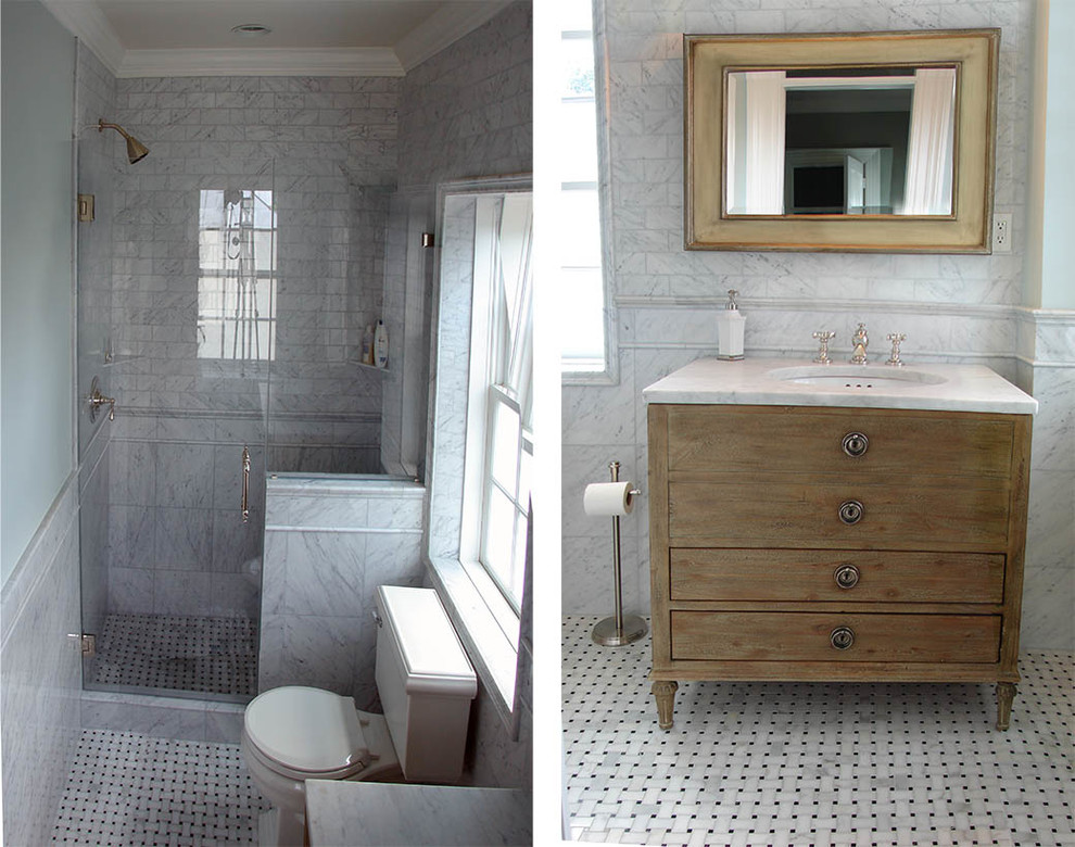 Inspiration for a large mediterranean master bathroom in DC Metro with an alcove tub, an open shower, multi-coloured tile, mosaic tile, multi-coloured walls, mosaic tile floors, a pedestal sink and marble benchtops.