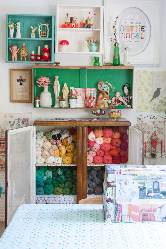 Inspiration for a traditional craft room in Seattle with white walls.