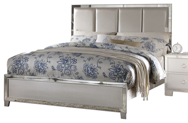 Voeville Ii Mirrored Bed With Upholstered Headboard Platinum Contemporary Platform Beds By Acme Furniture