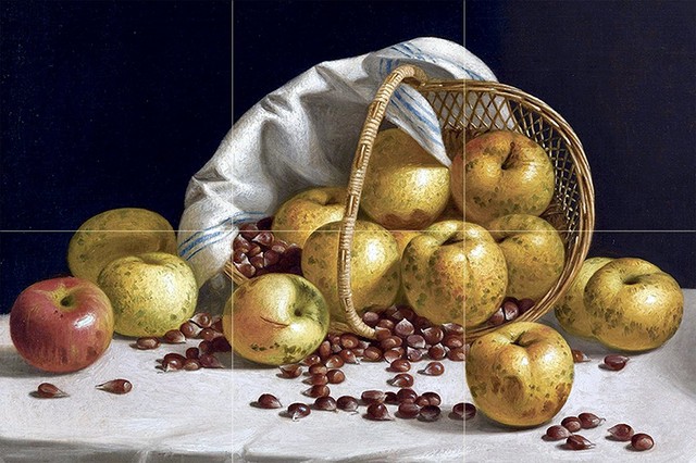 Tile Mural Still Life Yellow Apples and Chestnuts, Ceramic Glossy