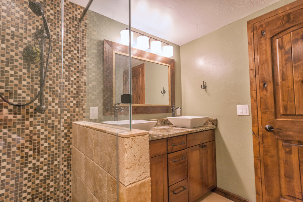 Design ideas for a large country bathroom in Denver with green walls and limestone floors.