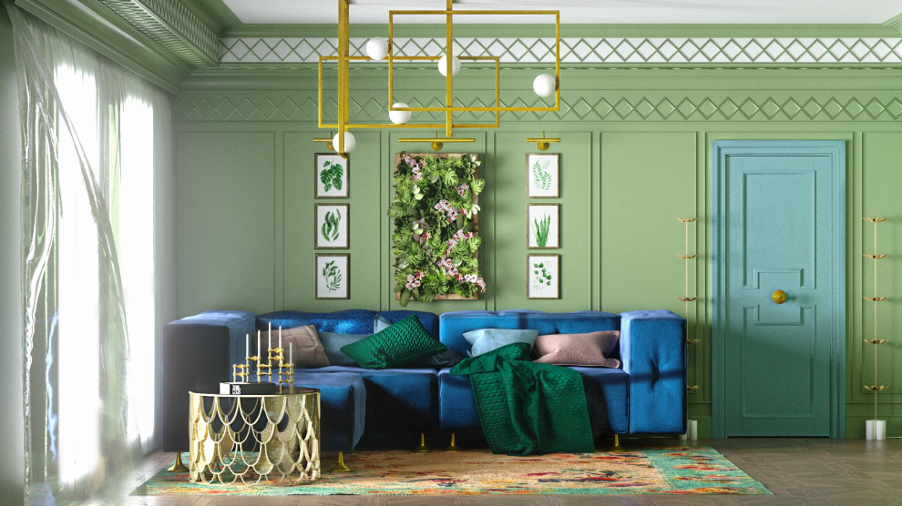 Классическая, зеленая гостиная с синим, бархатным диваном.