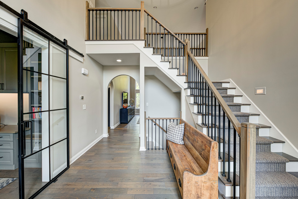 Moderne Haustür mit beiger Wandfarbe, dunklem Holzboden und braunem Boden in Indianapolis