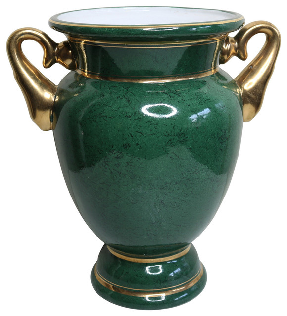 Green Porcelain Trophy Style Flower Vase Gold Accents 10.5" Asian