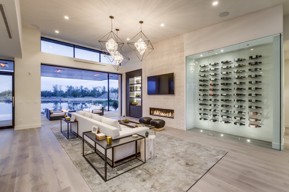 Design ideas for a mid-sized contemporary wine cellar in Boise with light hardwood floors and storage racks.