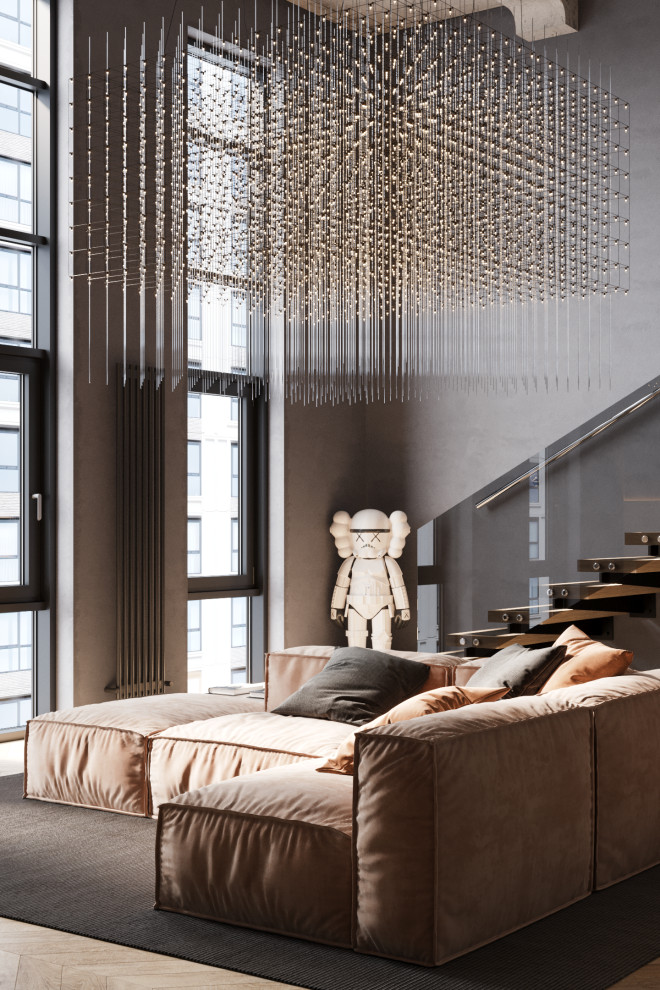 Двухуровневая квартира в тёмных оттенках с яркими акцентами