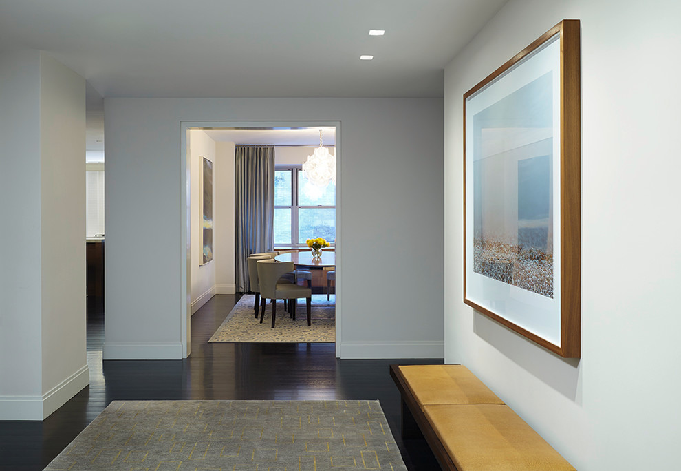 This is an example of a large contemporary foyer in New York with dark hardwood floors, white walls and brown floor.