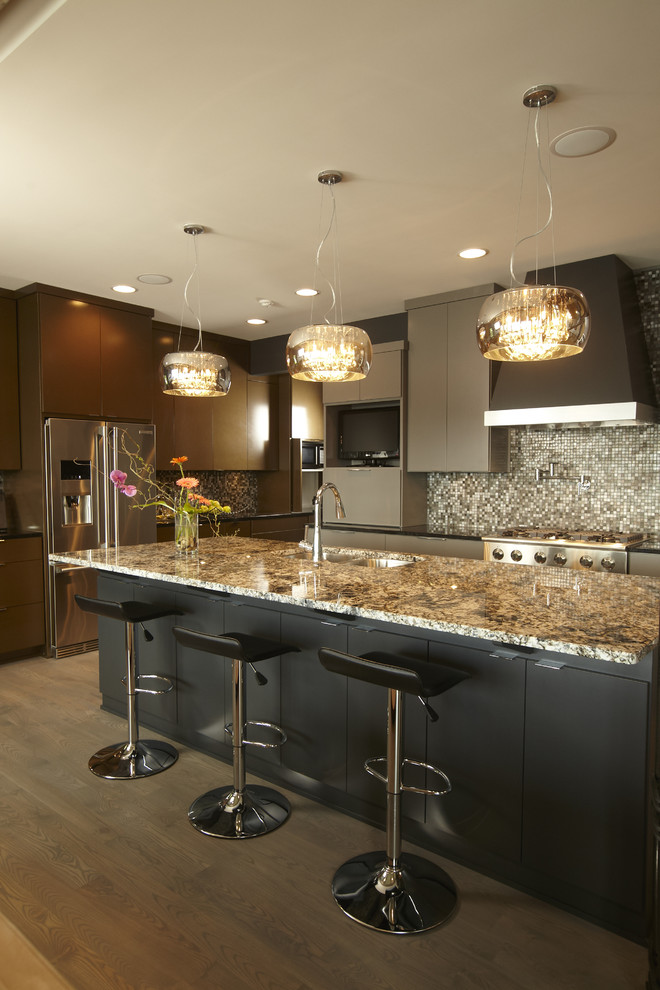 Contemporary kitchen in Minneapolis with flat-panel cabinets and brown cabinets.