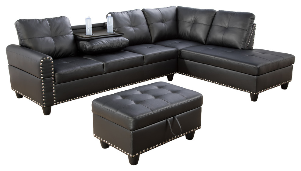 Luka 3-Piece Sectional Sofa with Chaise and Storage Ottoman, Black, Right-Facing