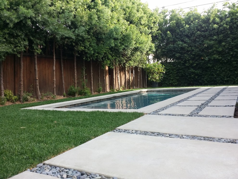 Inspiration for a small modern backyard rectangular pool in Los Angeles with concrete pavers.