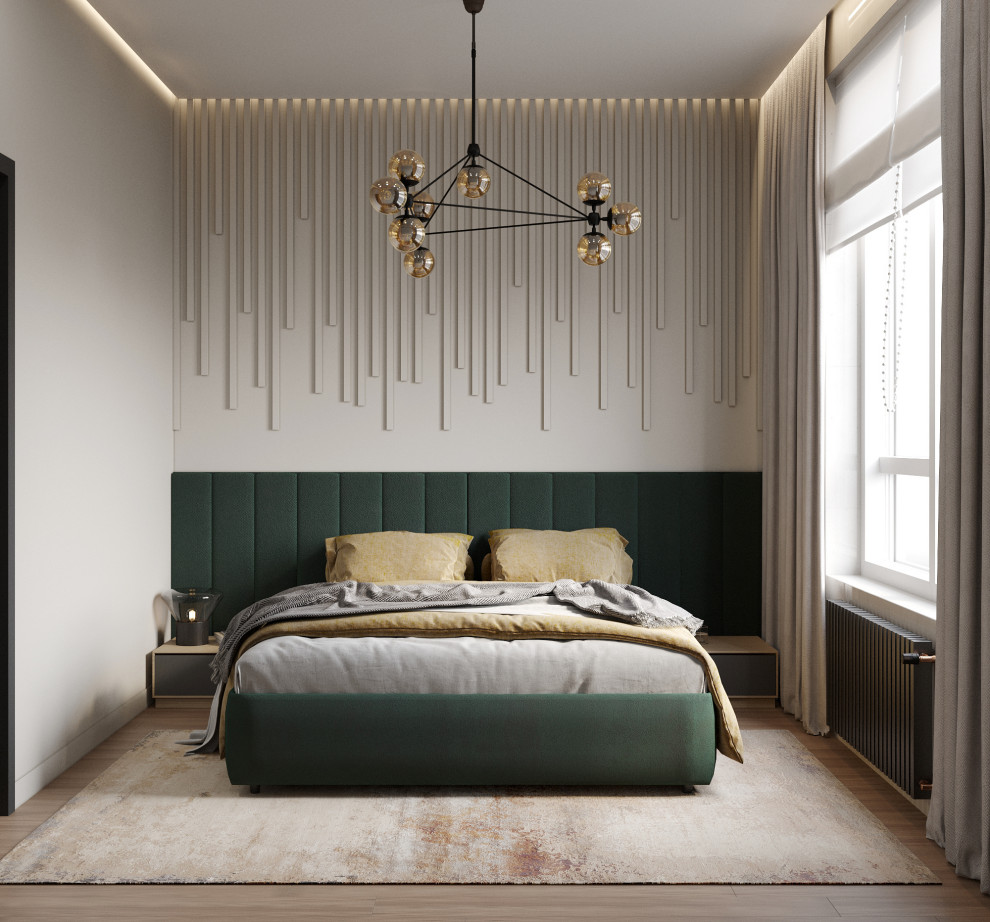 Imagen de dormitorio principal y blanco y madera contemporáneo pequeño sin chimenea con paredes beige, suelo vinílico y suelo marrón
