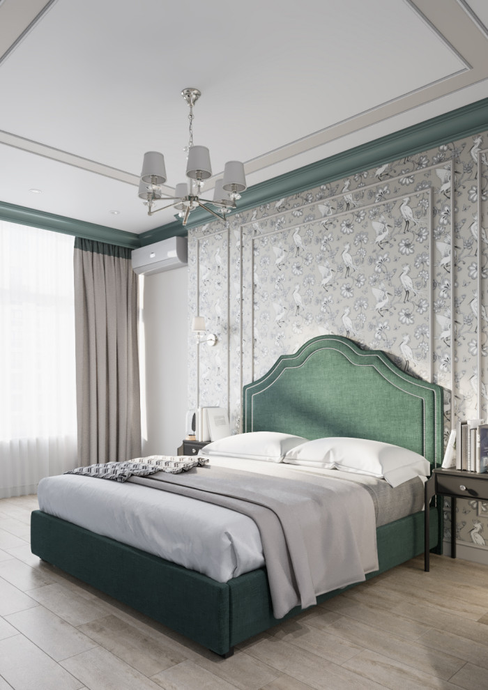Дизайн интерьера в неоклассике с зелеными акцентами