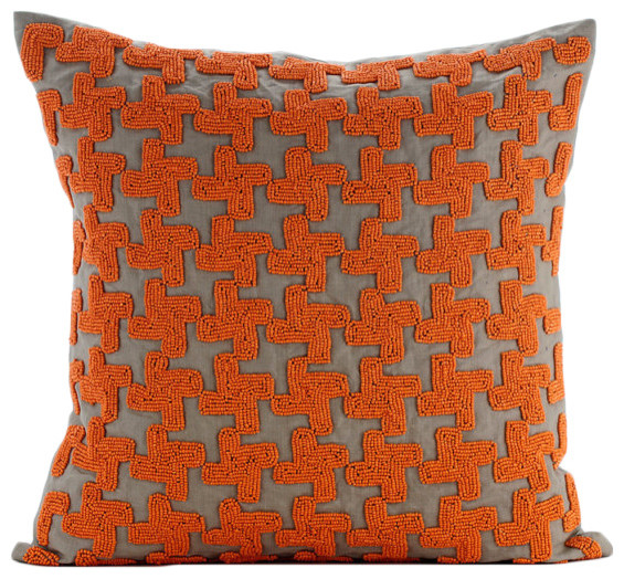 Orange Throw Pillows On Bed Art Silk 20"x20" Lattice Trellis, Orange Terracota