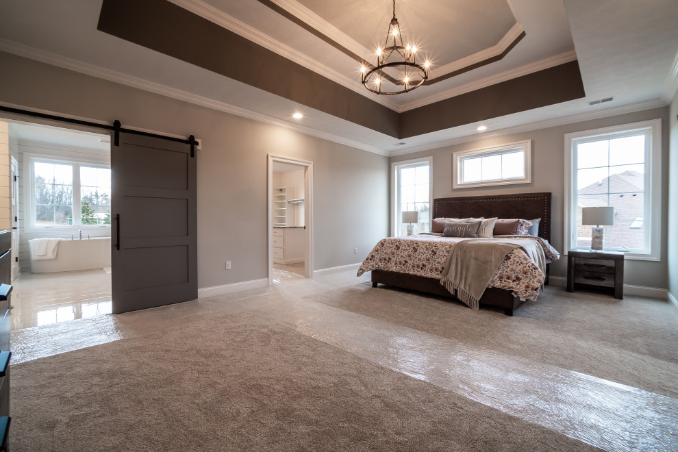 Bedroom - large transitional l-shaped and master carpeted and tray ceiling bedroom idea with a farmhouse sink, raised-panel cabinets, white cabinets, quartz countertops, white backsplash, stainless steel appliances, an island, white countertops and gray walls