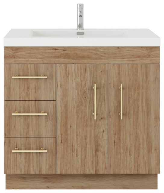 Rosa 36" Freestanding Vanity with Reinforced Acrylic Sink (Left Side Drawers), Natural Oak