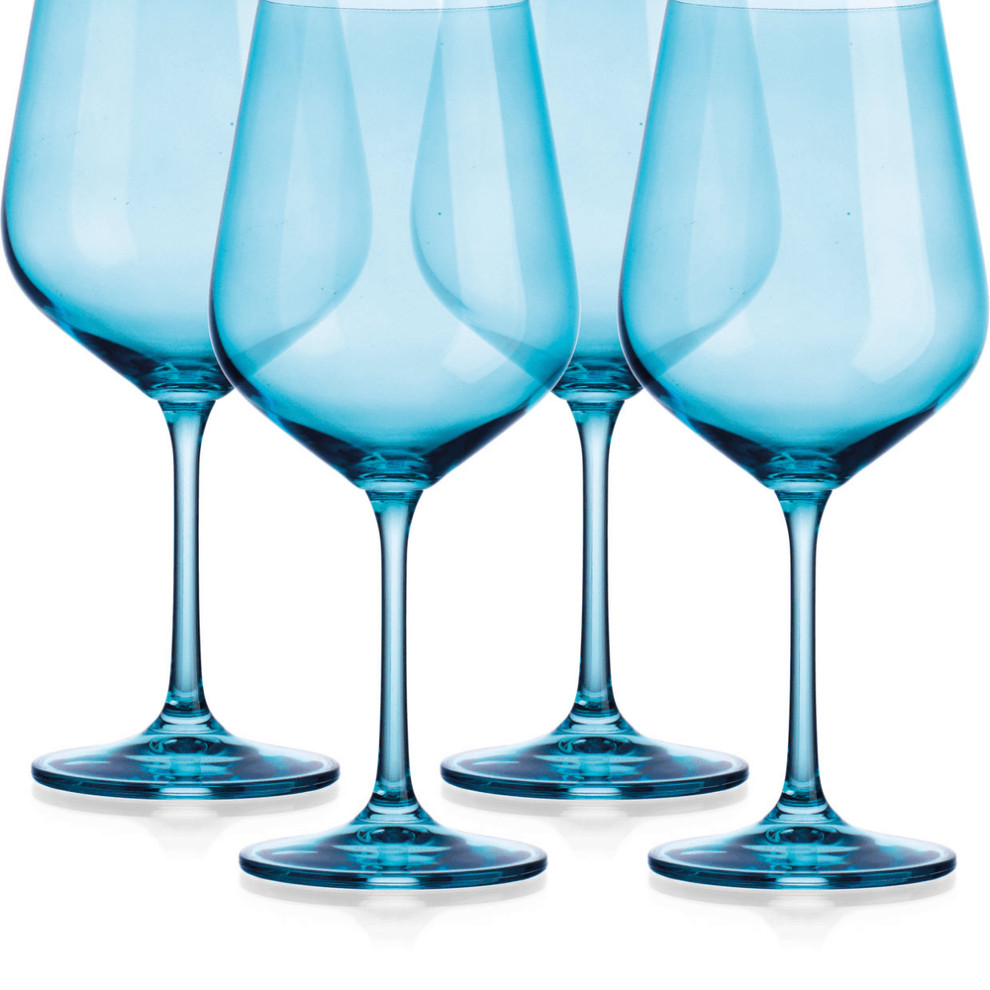 Set of Four Translucent Aqua Blue Large Wine Glasses Contemporary