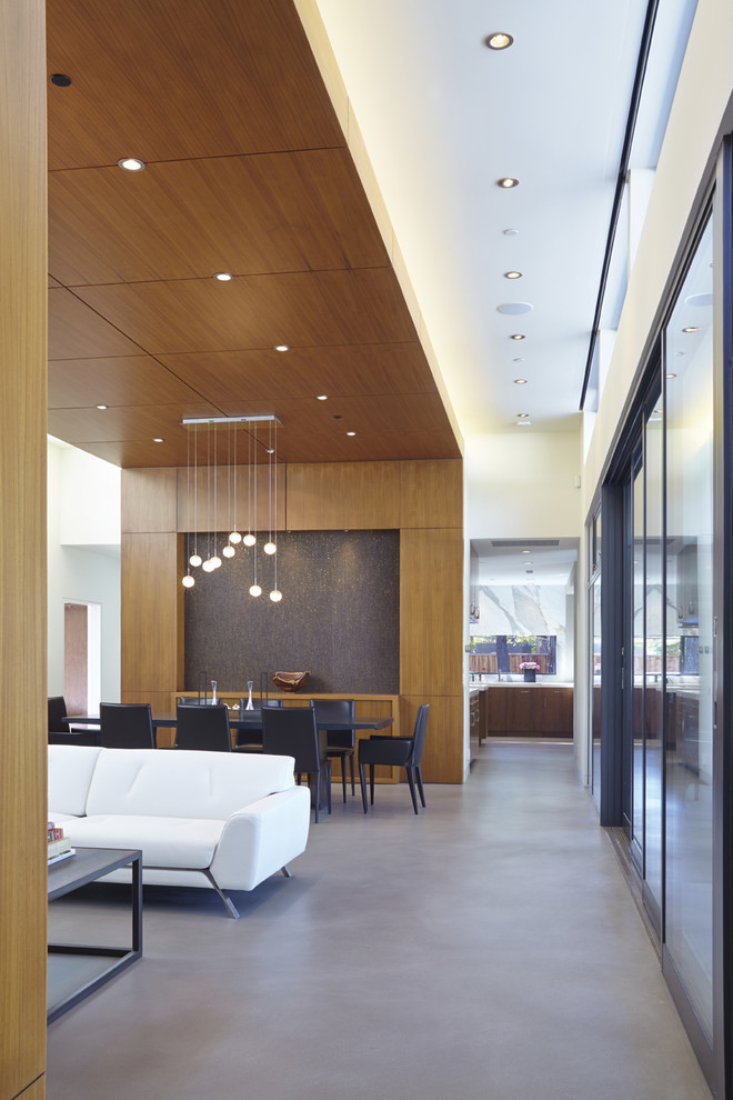 Photo of a large contemporary dining room in San Francisco with white walls, concrete floors and a corner fireplace.