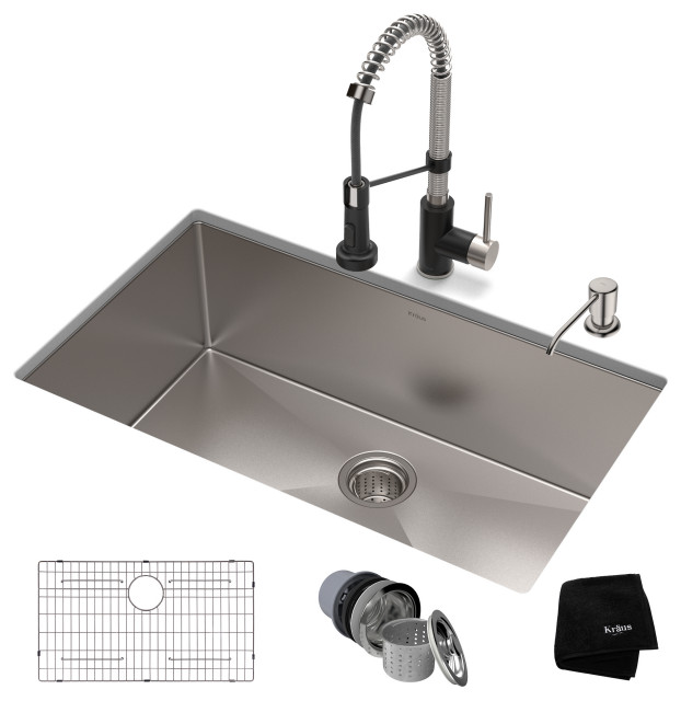 32" Undermount Stainless Steel Kitchen Sink, Pull-Down Faucet SSMB w Dispenser