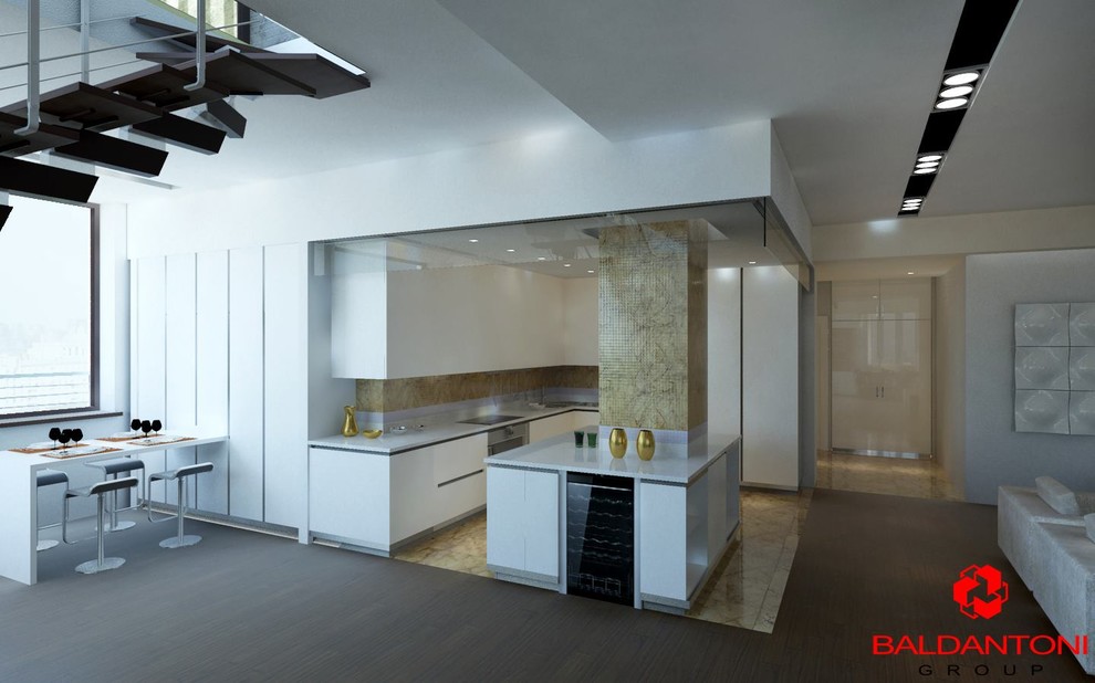 Esempio di una sala da pranzo aperta verso la cucina minimalista con pareti grigie