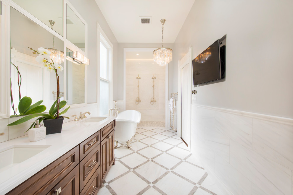 Mid-sized traditional master bathroom in San Francisco with flat-panel cabinets, medium wood cabinets, a claw-foot tub, white tile, white walls, porcelain floors, an undermount sink, grey floor, an open shower, white benchtops and an open shower.