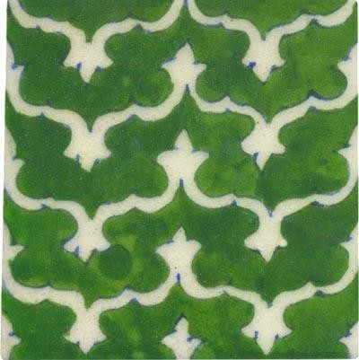 4"x4" White Design on Green Tiles, Set of 6