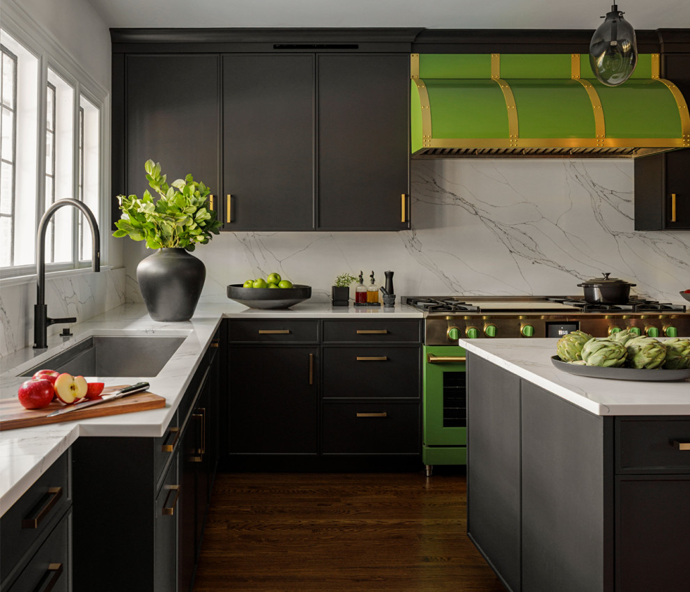 Eat-in kitchen - large transitional u-shaped dark wood floor and brown floor eat-in kitchen idea in New York with an undermount sink, recessed-panel cabinets, black cabinets, quartzite countertops, white backsplash, quartz backsplash, paneled appliances, an island and white countertops