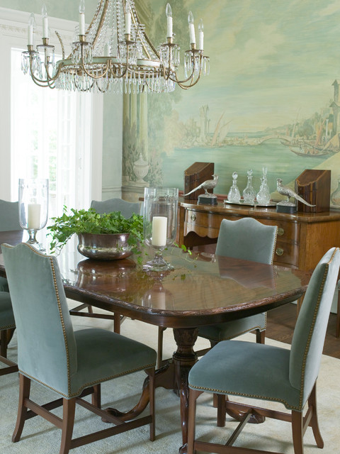 Enclosed dining room - large traditional dark wood floor enclosed dining room idea in Atlanta with green walls and no fireplace