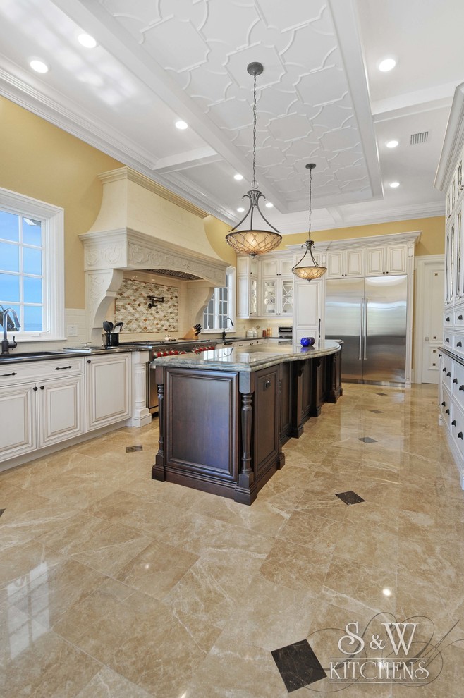 Expansive traditional kitchen pantry in Tampa with an undermount sink, open cabinets, white cabinets, quartz benchtops, black splashback, glass sheet splashback, stainless steel appliances, marble floors and with island.