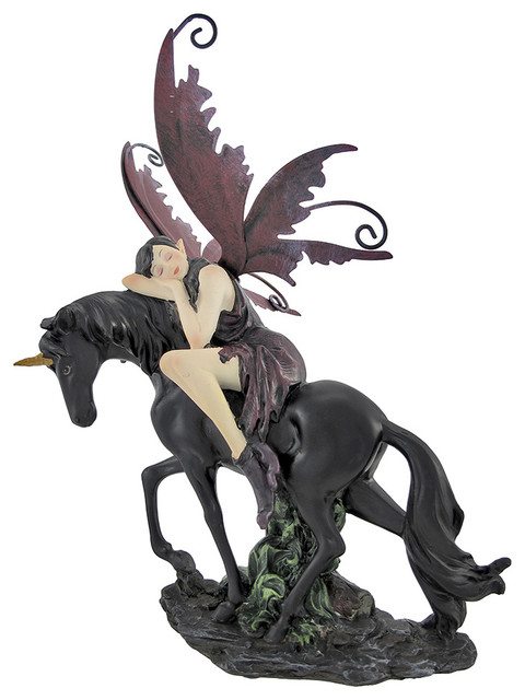 Sleeping Purple Winged Fairy on Black Unicorn Statue