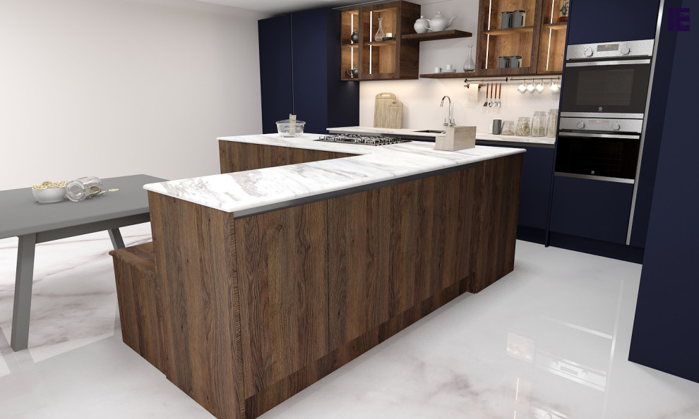Inspiration for a small modern l-shaped kitchen/diner in London with a single-bowl sink, flat-panel cabinets, blue cabinets, marble worktops, white splashback, marble flooring, turquoise floors, white worktops, a wood ceiling and feature lighting.