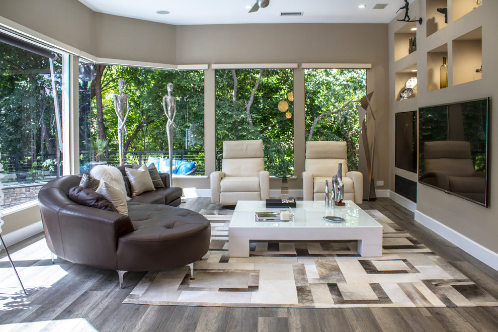 Living room - large contemporary formal and open concept dark wood floor living room idea in Dallas with gray walls, no fireplace and a wall-mounted tv