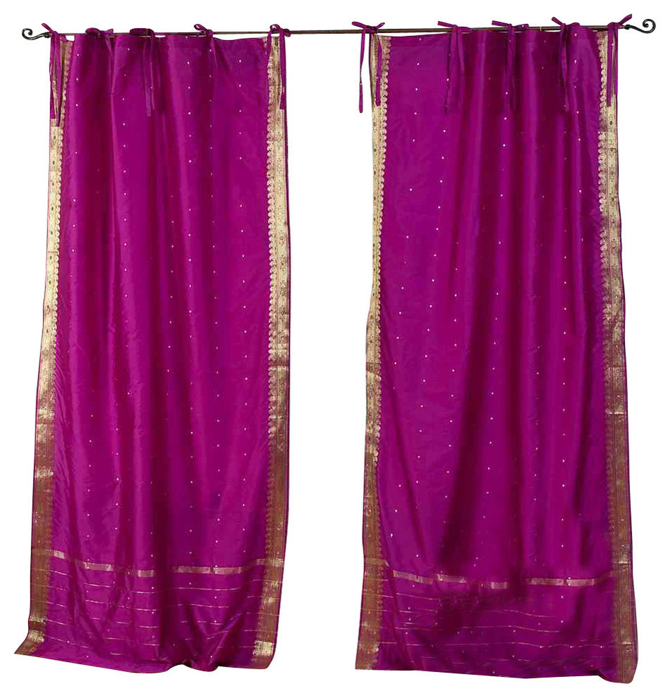 Lined-Violet Red  Tie Top  Sheer Sari Cafe Curtain / Drape - 43W x 24L - Pair