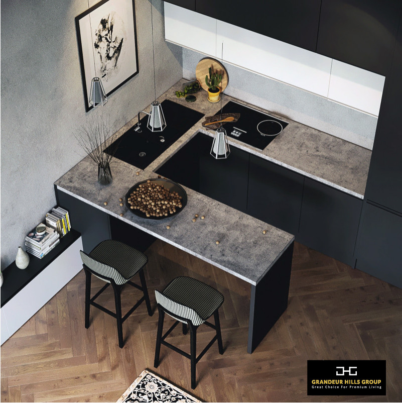 This is an example of a small contemporary galley kitchen pantry in New York with flat-panel cabinets, black cabinets, concrete benchtops, grey splashback, stone tile splashback, dark hardwood floors, multiple islands, brown floor and grey benchtop.