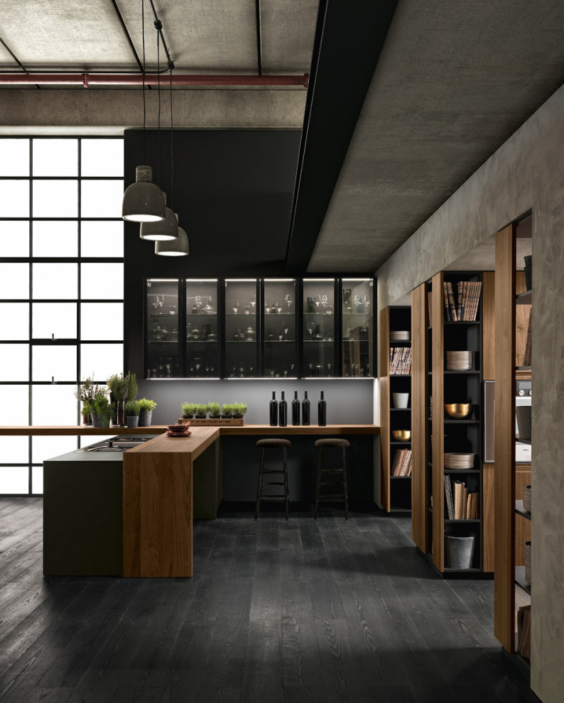 Idéer för ett mycket stort modernt svart kök, med en undermonterad diskho, släta luckor, skåp i rostfritt stål, bänkskiva i kvarts, rostfria vitvaror, mörkt trägolv och flera köksöar